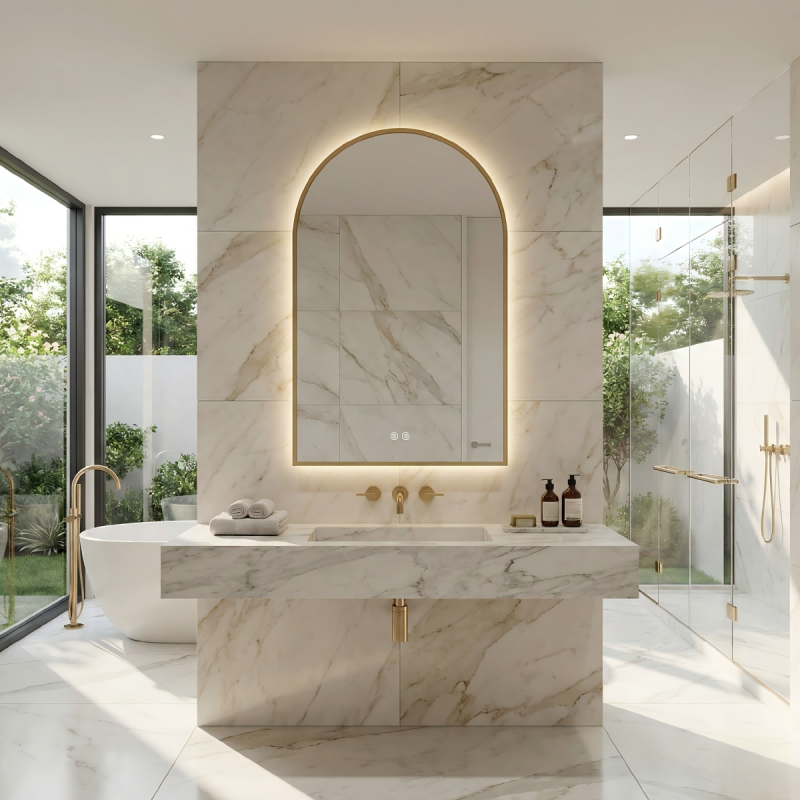 Kingstin Arched LED Backlit Mirror Modern Minimalist Wall Vanity Mirror Stainless Steel Frame Luxury Bathroom Smart Mirror