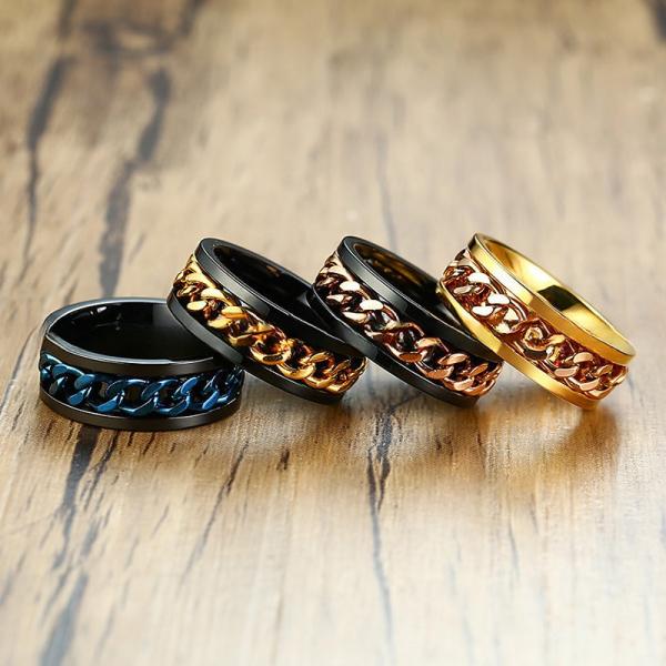 Decompression Stainless Steel Spin Ring Gold Silver Rose Gold Blue Chain Inlay For Men