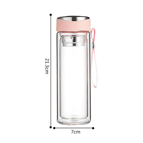 320ML Double Walled Glass Water Bottle with Infuser in Pink Customized Logo Acceptable