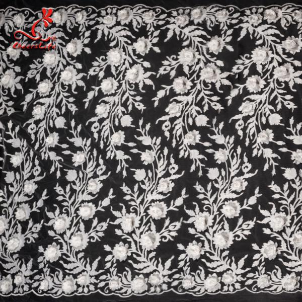 Elastic Embroidered Lace Fabric For Evening Dress Customize Color