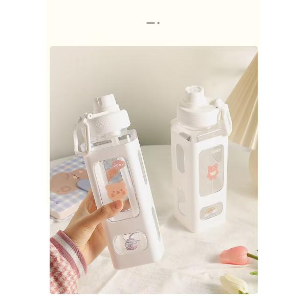Gym-Ready Kawaii Water Bottle with 3D Sticker 700ml/900ml Plastic Travel Milk Portable