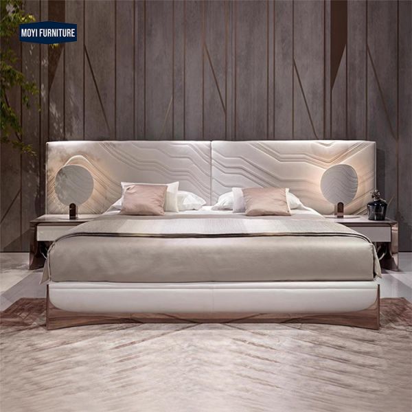 Customized Size Leather Upholstered Frame Bed Headboard Modern Double Back Design Luxury Style King Size Bed Furniture Set