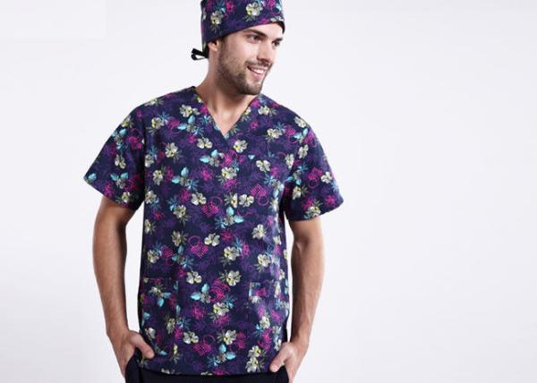 V Neck Printing Scrubs Medical Uniforms , Fancy Pattern Cool Medical T Shirts