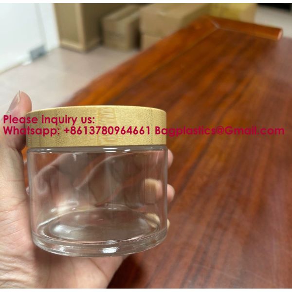 Glass Jars With Lids Clear Small Jars With Plastic Woodgrain Lids, White Labels And Inner Liners Empty Round Cosmetic Containers For Creams Lotions Candle Making (Clear)