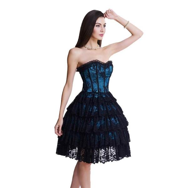Escuro - laço azul mais pechugón e espartilho mais o vestido desossado de aço do espartilho do tamanho