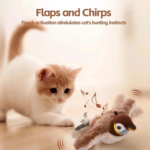 Interactive Smart Electric Rechargeable Plush Flapping Bird Toy for Dogs and Cats Touch Activated Sparrow Chirp Tweet Pet