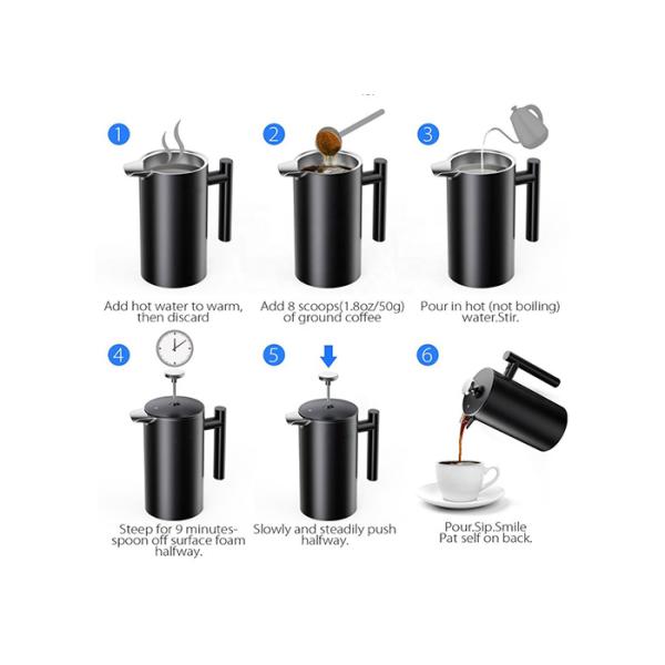 Black Color Double Wall Coffee Plunger Ss French Press Coffee Maker 27/34/51oz