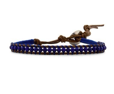 Blue 17cm Adjustable Beaded Leather Wrap Bracelet For Men / Women