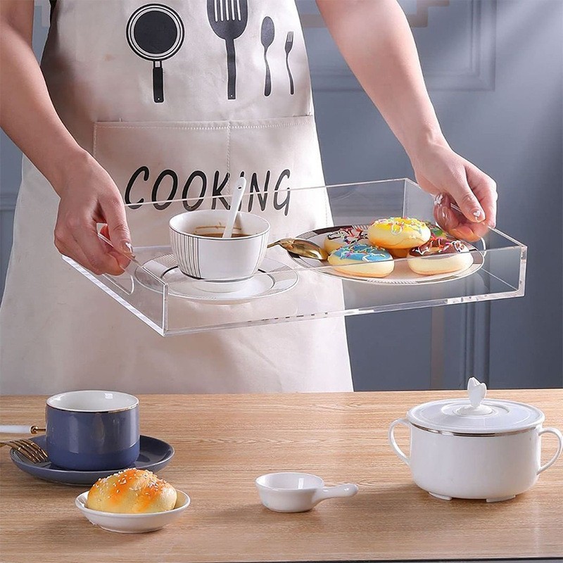 High Transparent Round Acrylic Tray With Metal Handles, Decorative Serving Tray For Home & Hotel