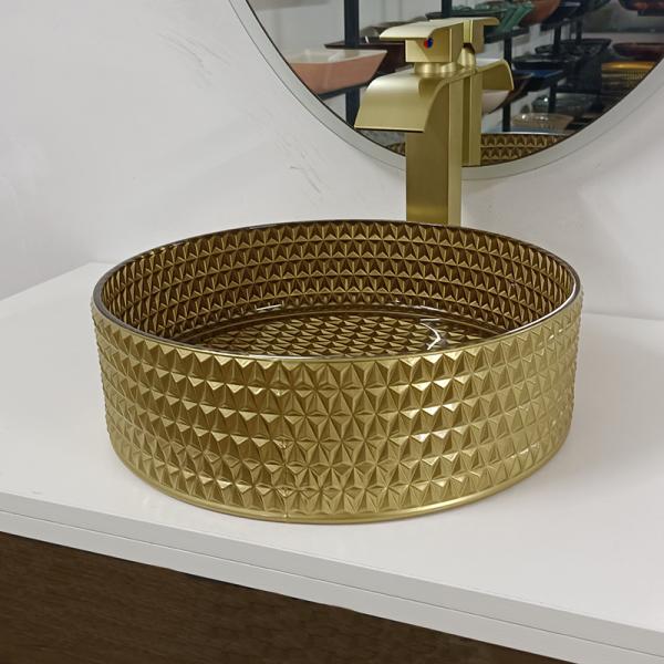 Bathroom Кристл таза мытья шара столешницы диаманта раковины сосуда круглого золота стеклянный