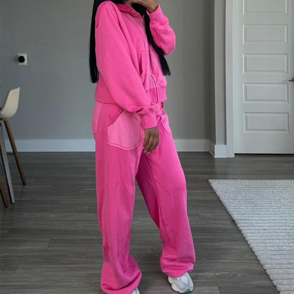 Breathable Womens Streetwear Tracksuit Distressed Zip Up Plain Joggers Two Piece Set