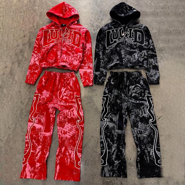 Custom Tracksuits Men Full All Over Dtg Print Zip up Hoodie Streetwear Baggy Stacked Vintage Flared Sweatpants and Hoodies Set