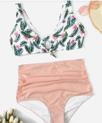 Big Size Wrap Halter Top With Floral print Bikini Set Swimwear Women size 3XL