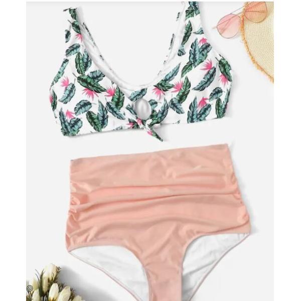 Big Size Wrap Halter Top With Floral print Bikini Set Swimwear Women size 3XL