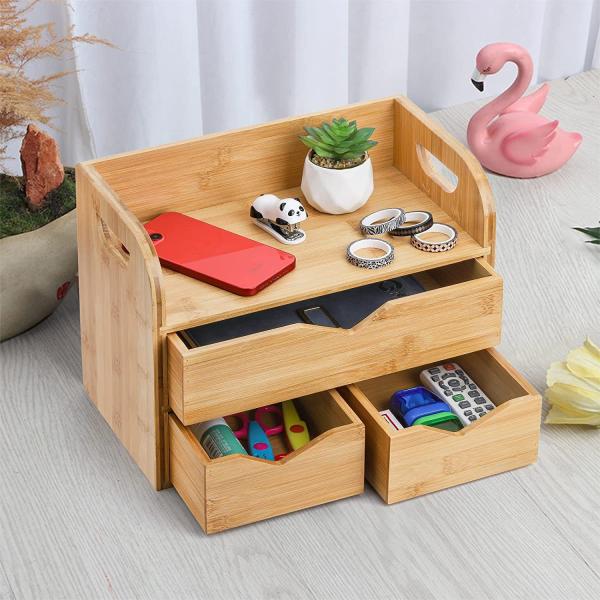 3-Tier Bamboo Desk Organizer, Mini Bamboo Desk Drawer Tabletop Storage Box Countertop Organization - Office, Makeup Vanity