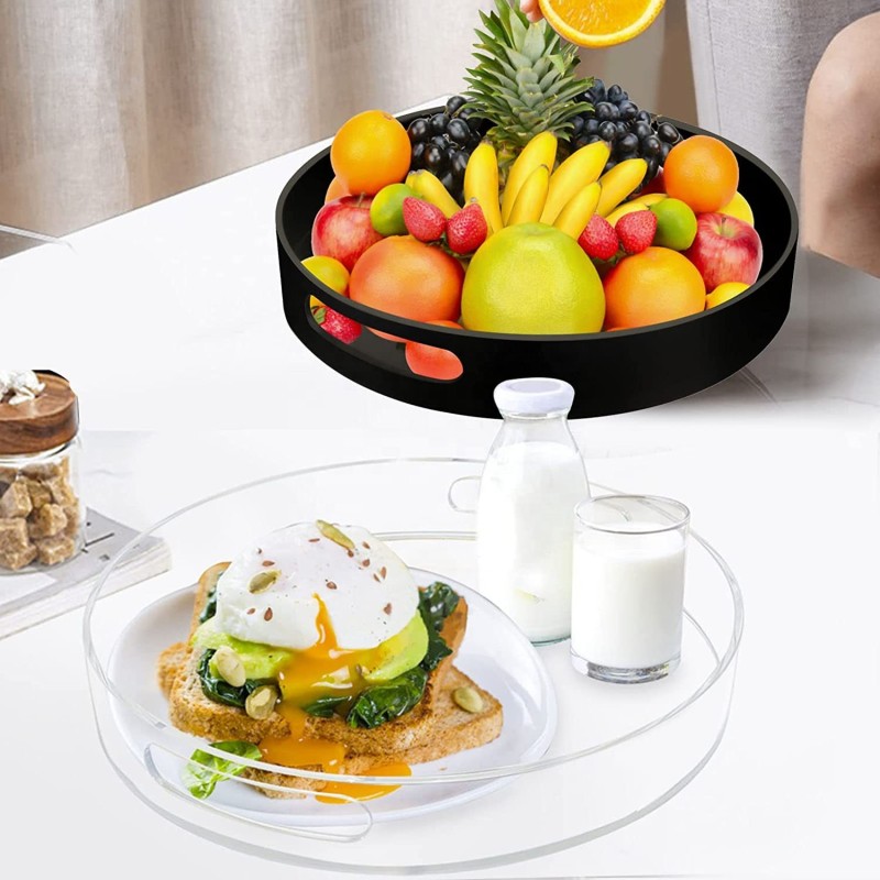 Clear Acrylic Round Serving Tray with Handle Transparent Single Tier Organizer for Kitchen Bathroom Fruit Cosmetics Storage