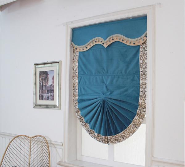 European style light luxury fan shape velvet blue Roman blind blackout Customized for dinning room kitchen small window