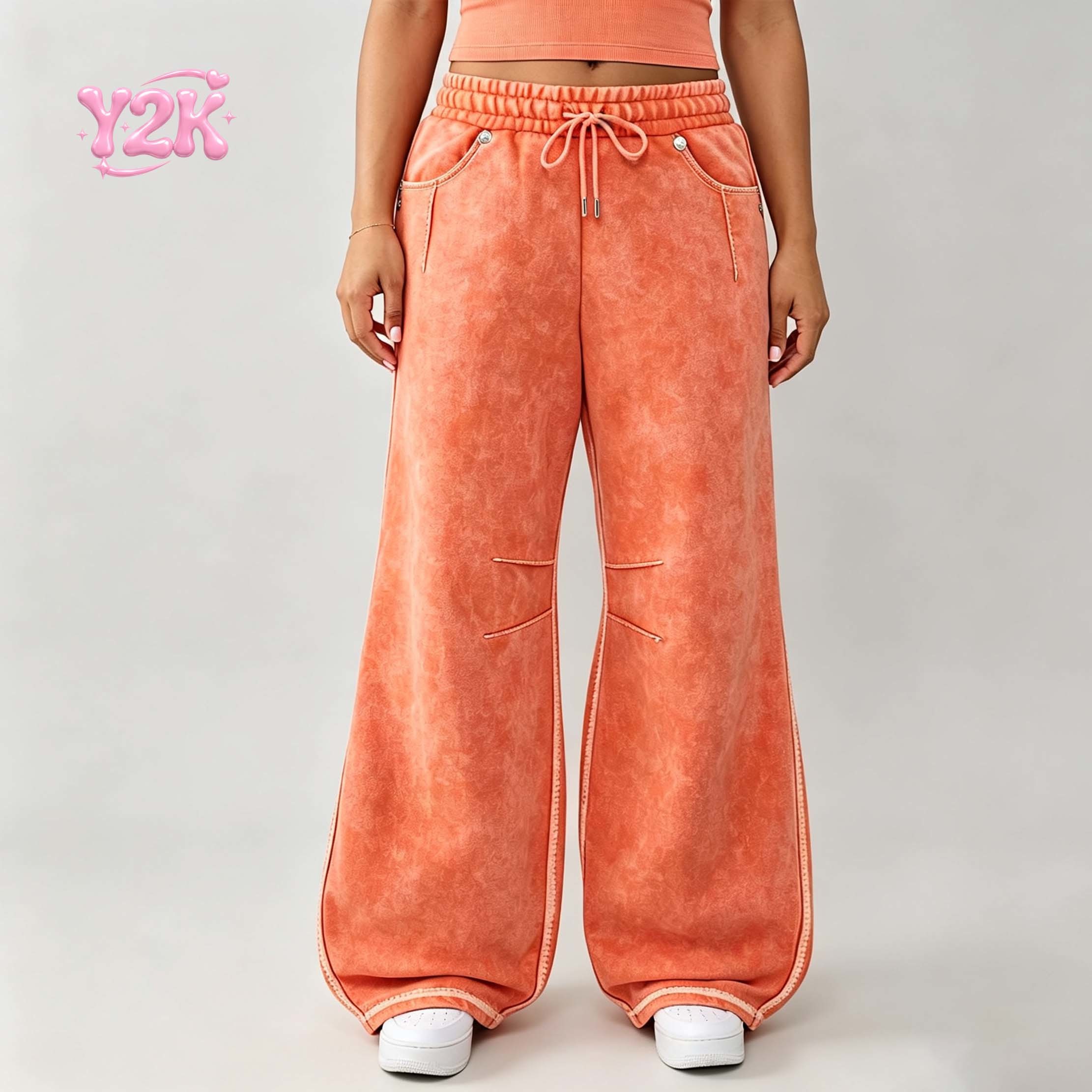Custom Women's Acid Wash Wide Leg Sweatpants Back Pocket Design