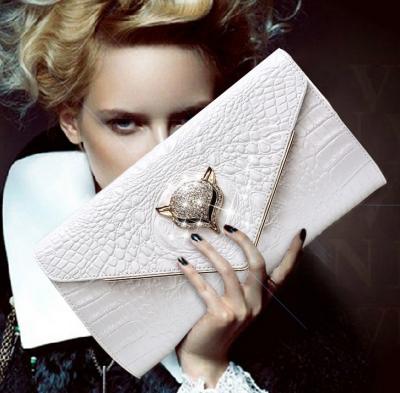 2016 new leather female fox head inlay diamond evening bag clutch leather clutch bag