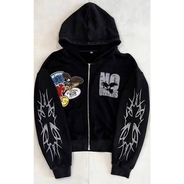 French Terry Acid Wash Zip Through Hoodie Crop Top Hoodie Double Way Zipper Pullover Patch 3d