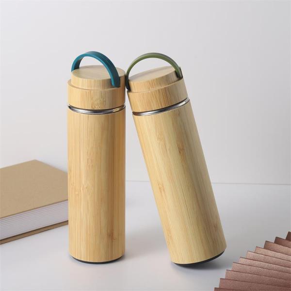 500ml Eco-friendly Bamboo Shell Stainless Steel Tea Bottle with Handle Easy to Carry