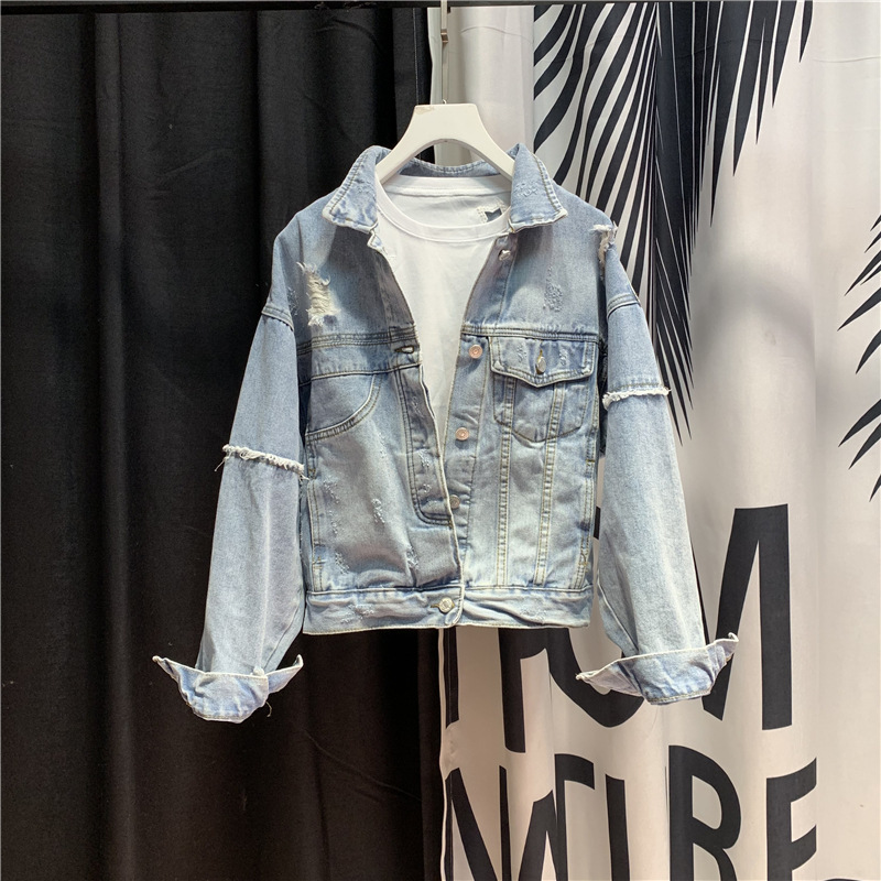 Women's Distressed Cropped Denim Jacket with Puff Sleeves, Lace Hem, and Patchwork Design