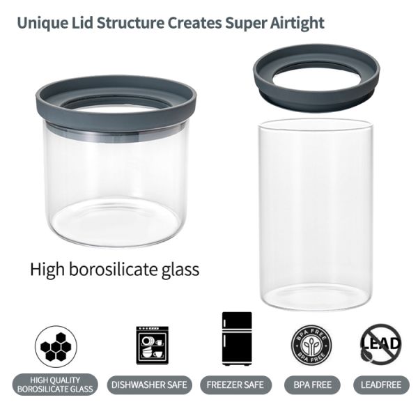 IKOO Glass Airtight Canisters with Silicone and Glass Lids – BPA-Free Borosilicate Containers for Food Prep, Storage, Wet or Dry Food Jars for Rice, Tea, Coffee, Candy