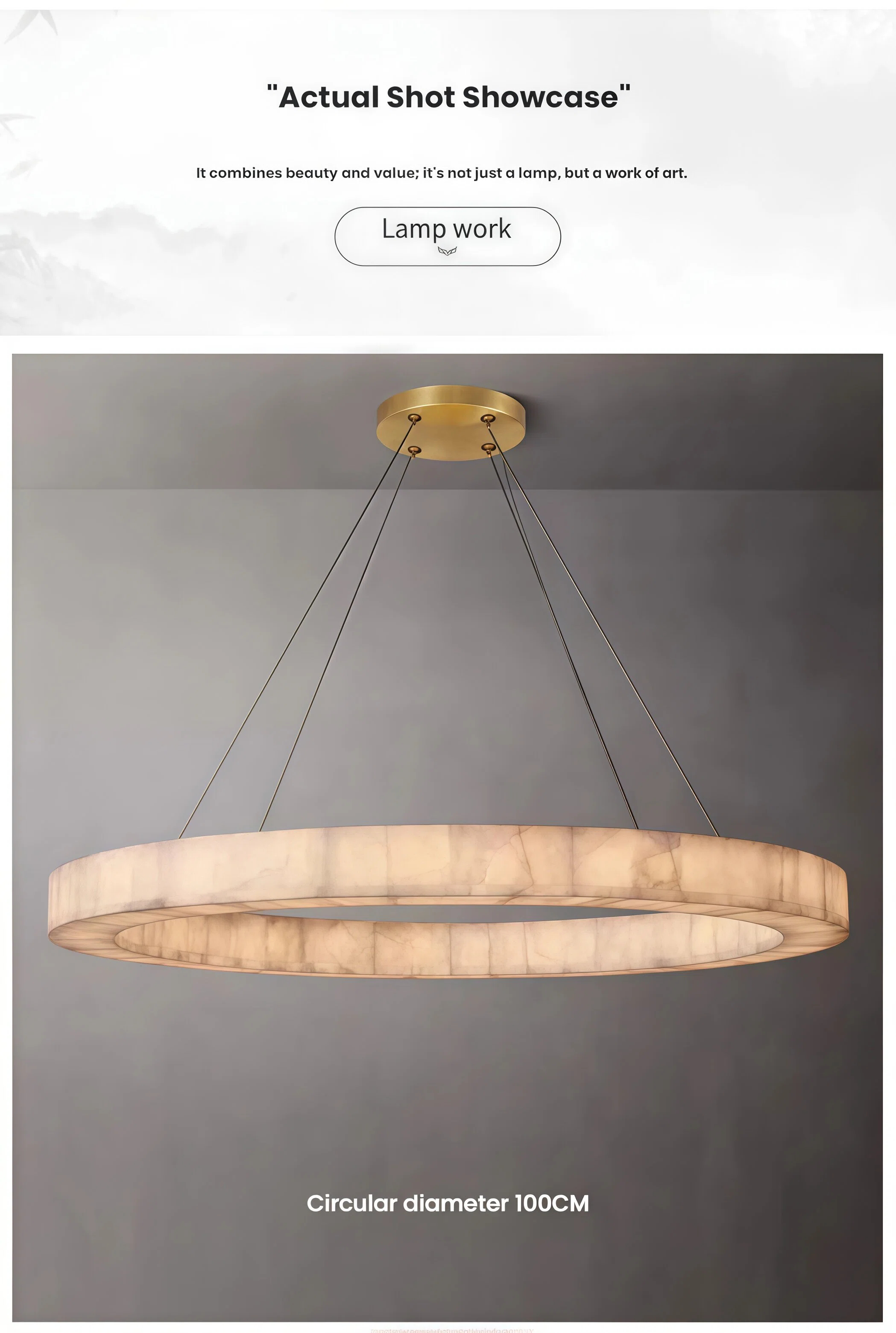 JYLIGHTING Modern Circular Pendant Light, Spanish Natural Alabaster & Brass LED Chandelier for Dining & Living Room