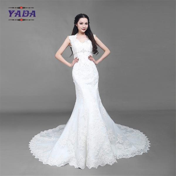 Fashion v neck tulle handmade embroidery bride white beaded mermaid wedding dresses