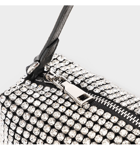 15cm Mini Shoulder Purse Black Strap Silver Diamond Bag