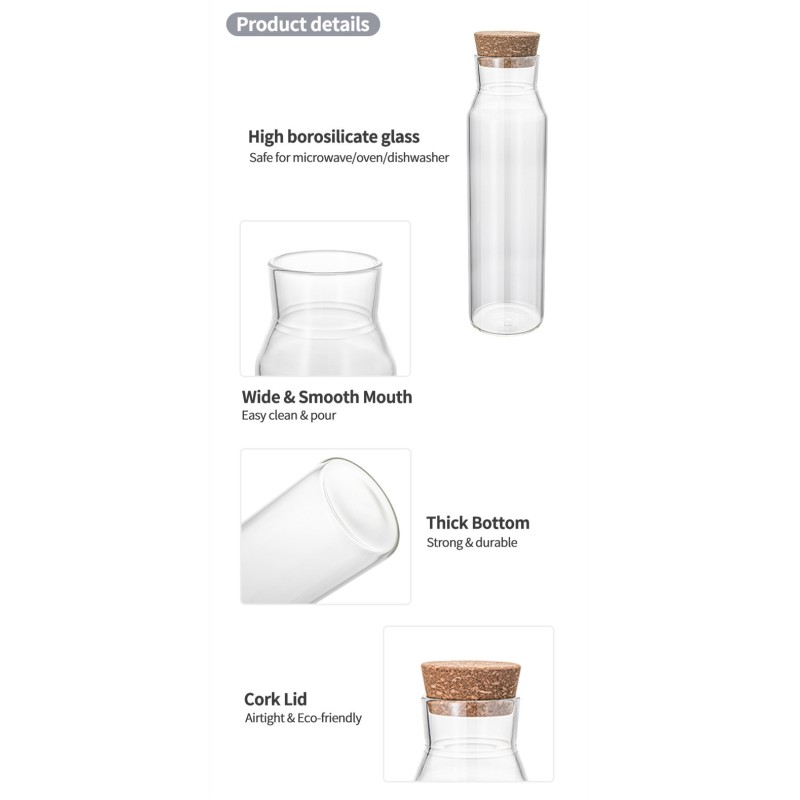 High Borosilicate Glass Carafe with Cork Stopper – Dishwasher Safe Beverage Pitcher for Wine, Coffee, and Juice