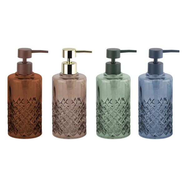 Round Shape Glass Bath Accessories Set Brown Color Golden Pump Head