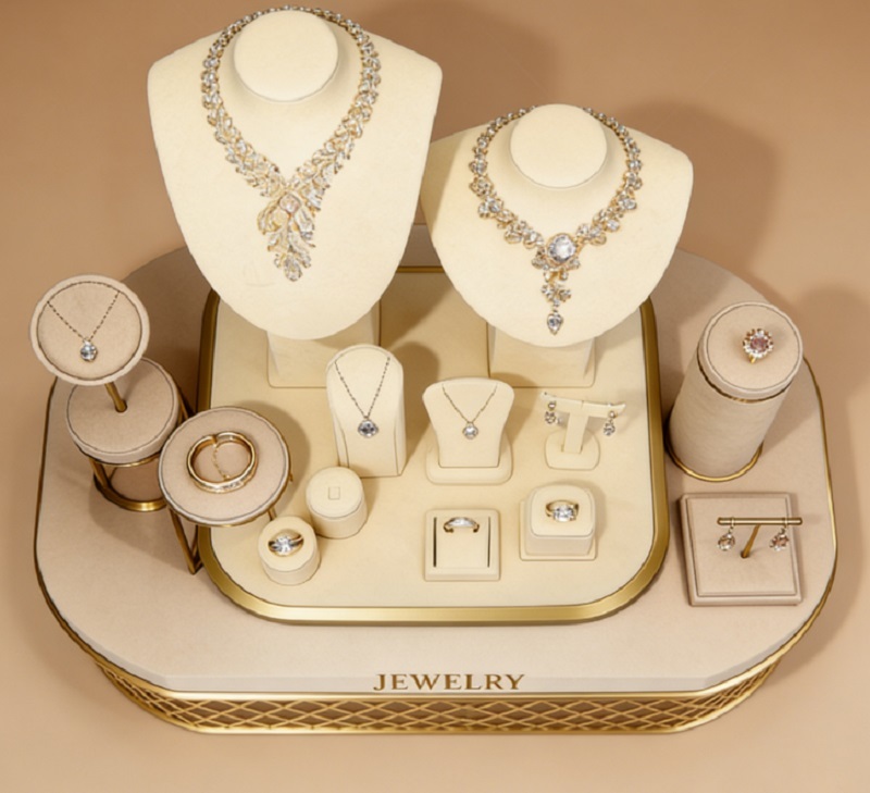 Luxury Beige Velvet Jewelry Display Set with Gold Metal Grid Base and Modular Customizable Design for High-End Jewelry