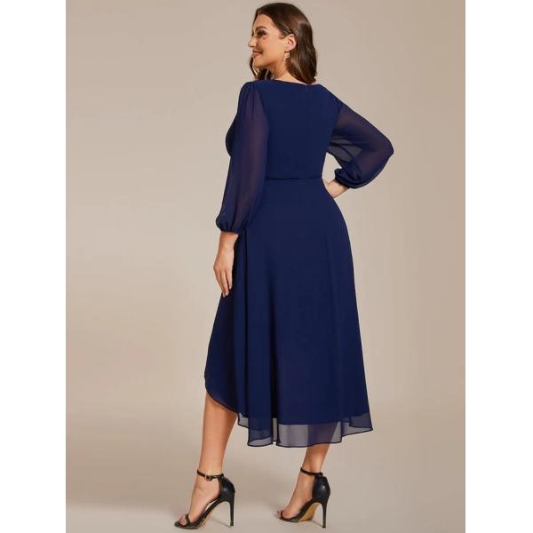 Plus Size Ruffled A-line Long Sleeve V-neck High Low Wedding Guest Navy Blue Chiffon Bridesmaid Dress