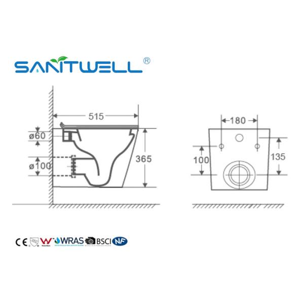 Rimless Ceramic Wall Mounted Toilet Gravity Flushing With CE Certification