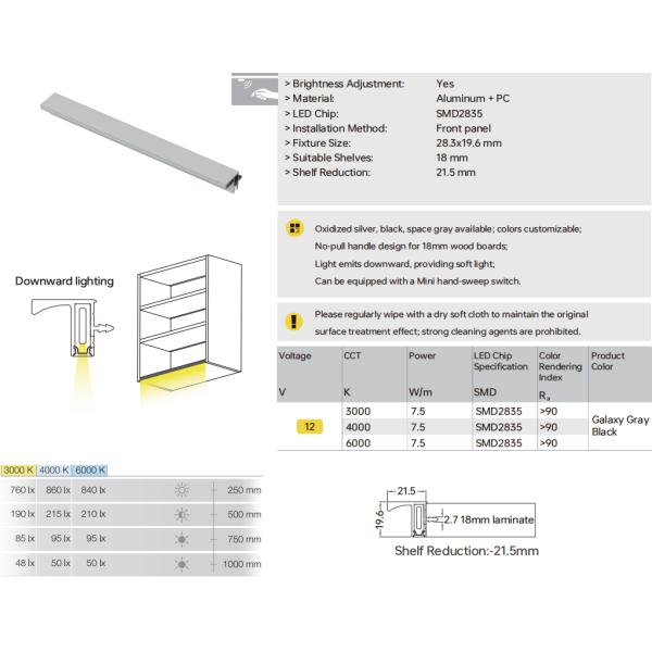 A2717 Armario colgante sin manija de tira ninguna luz de banda de corte, DC12V/24V, 7,5W/M,150-3000 ((L) × 27,9 ((W) × 19,6 mm ((H), 3000K/4000K/6000K, , Ra>90, 2219/150PCS/M, Aluminio + PC
