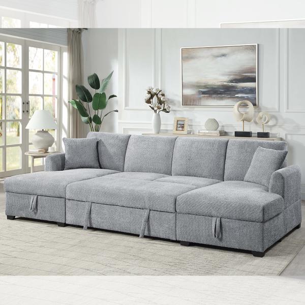 U-Shaped Sectional Sleeper Sofa with Pull Out Bed and Storage Chaise, Gray Sherpa Fabric