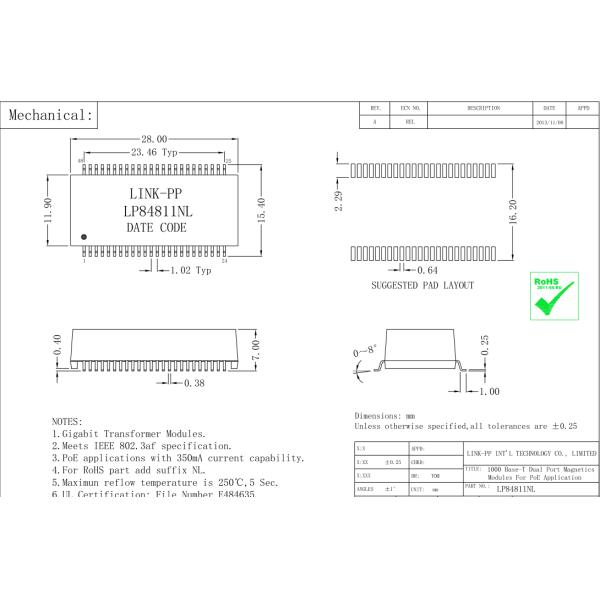 UTG48C10 Dual Port LAN PoE Трансформатор LP84811NL Ethernet Магнитный