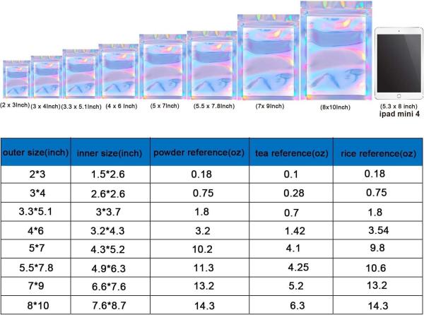 Clear Front Foil Back Iridescent Food Zip Lock Bags Resealable Holographic Stand Up Pouches Smell Proof Mylar Bags