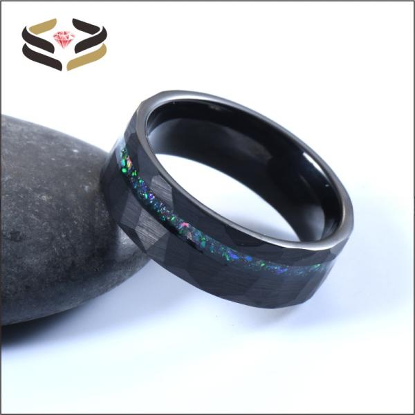 Anneaux de mariage en tungstène noir facetté pour hommes 8 mm avec incrustation de type perle et incrustation d'opale Galaxy