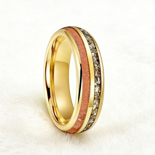 Custom Gold Polished Tungsten Wedding Band with Red Sandstone Inlay and German Glass