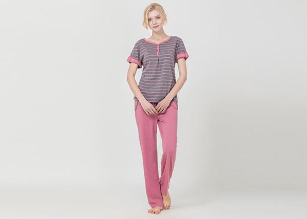 Homestyle Round Neck Women'S Pajama Short Sets , Ladies Striped Pyjamas sets