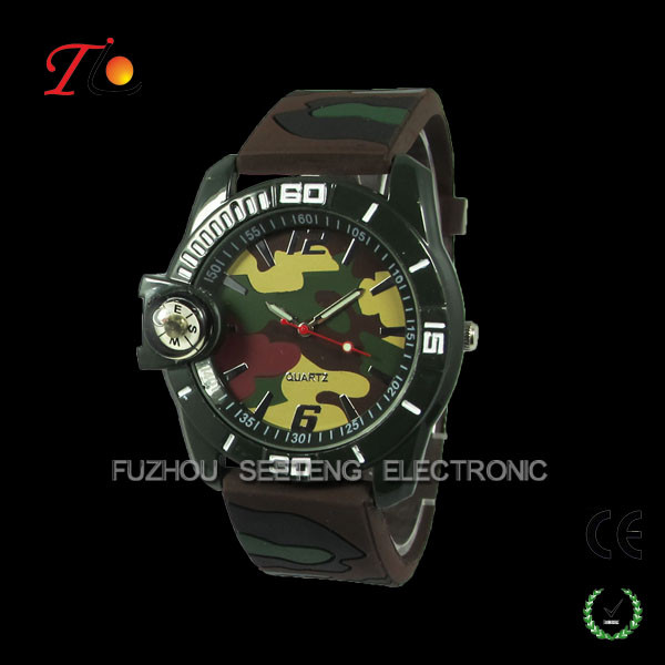 Military style green silicone compass camo watch for promotion