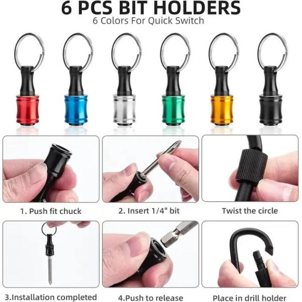Black Oxide Finish 6pcs Quick Release 1/4 Inch Hex Shank Screw Driver Bit Holder Keychain