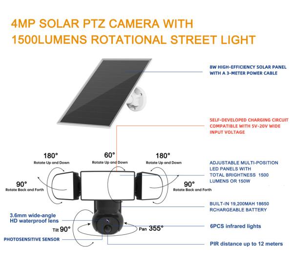 3.6mm Lens 4G PTZ Camera 30M IR Distance 8W Solar Panel Camera Outdoor Siren 2K