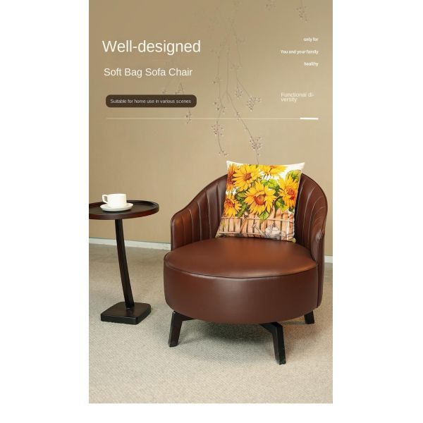 Retro Single Sofa Chair Balcony Leisure Backrest Chair Living Room Salon Comfortable Leather Seat Solid Wood Frame Accent Chair