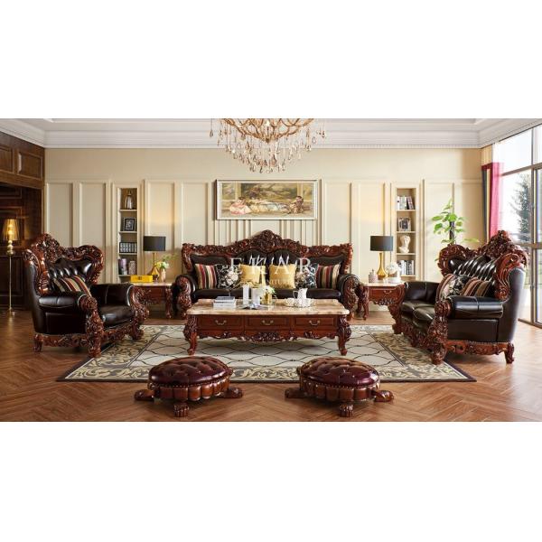 Oak Wooden Carving Design Royal Luxury Living Room 7 Seater Leather Sofa Set