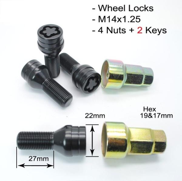 Black Bmw Locking Wheel Bolts M14x1.25 Millimeter With 4 Nuts And 2 Keys