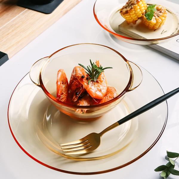Restaurant Amber Microwave Heated Glass Tray Bowl Set