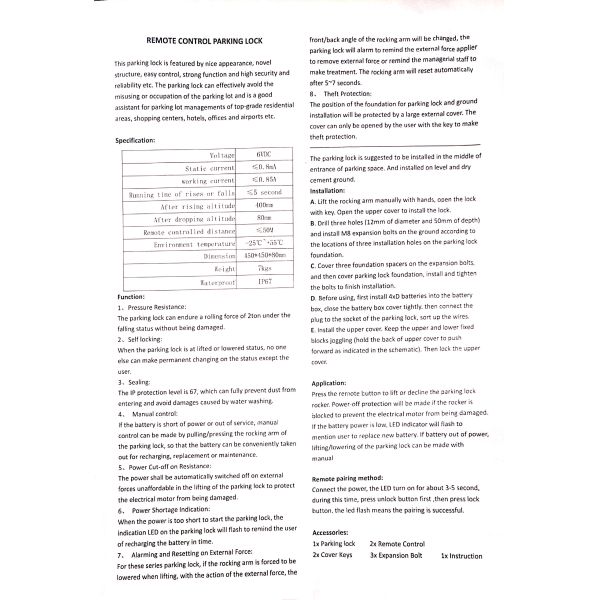 Remote Control Parking Space Lock Barrier IP67 Waterproof 2 Ton Pressure Resistance 6VDC 50M Range